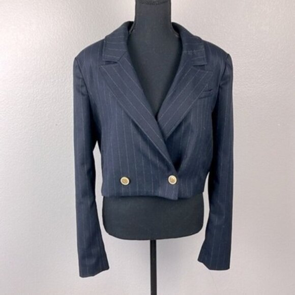 Free People Crop Blazer Tailored Navy Pinstripe Collared Gold Buttons Jacket M - Picture 1 of 12